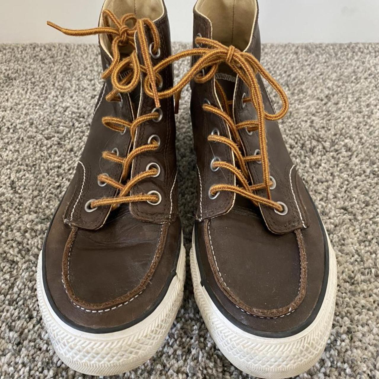 Brown leather converse with detailing. Mens size 8 - Depop