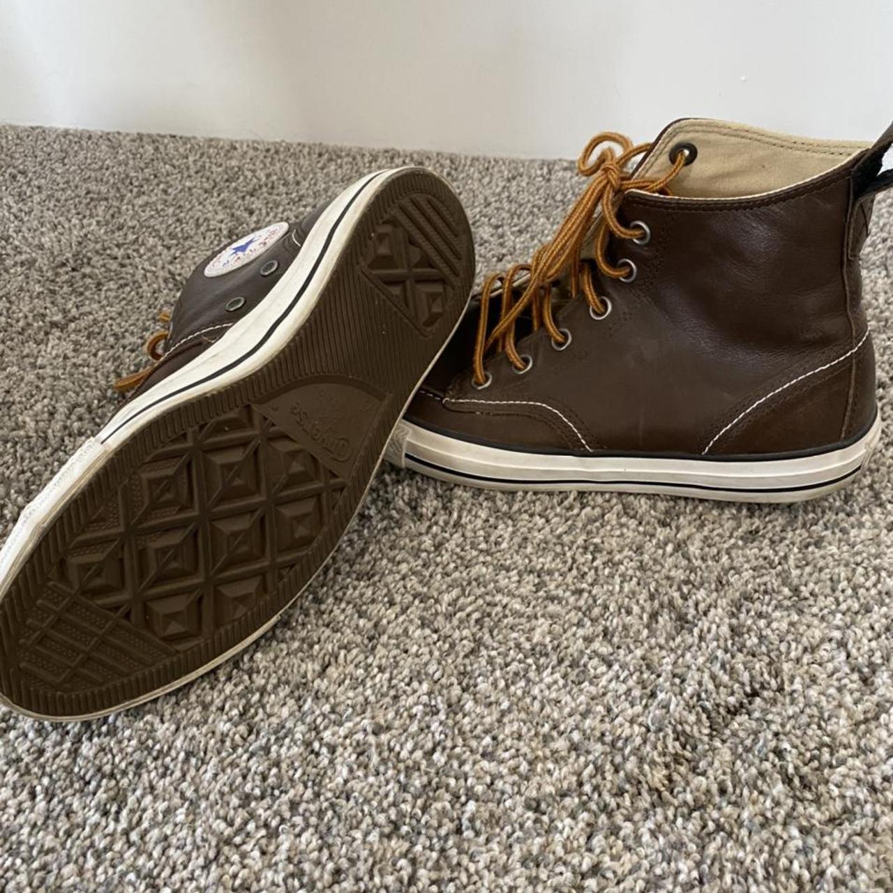 Brown leather converse with detailing. Mens size 8 - Depop