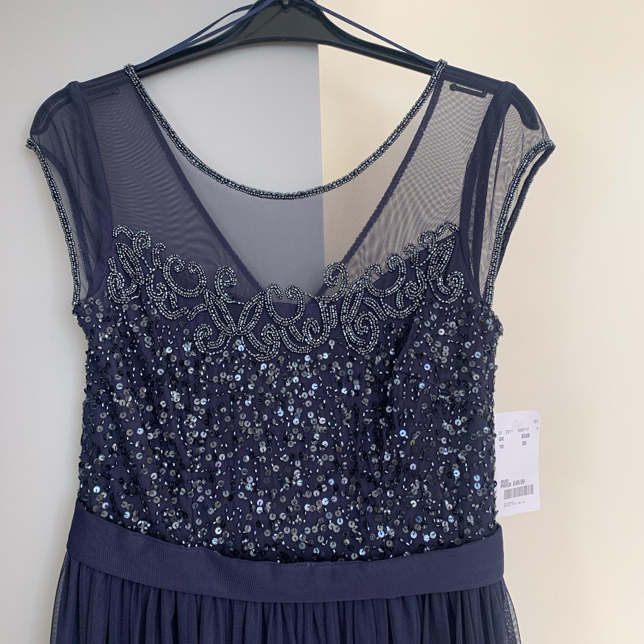 Ariella Navy Sequin Embellished Midi Dress With Cap - Depop