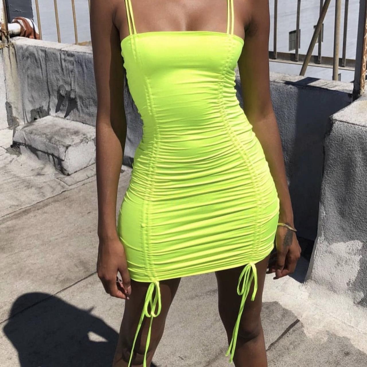 Neon yellow ruched oh polly dress Repop Really Depop