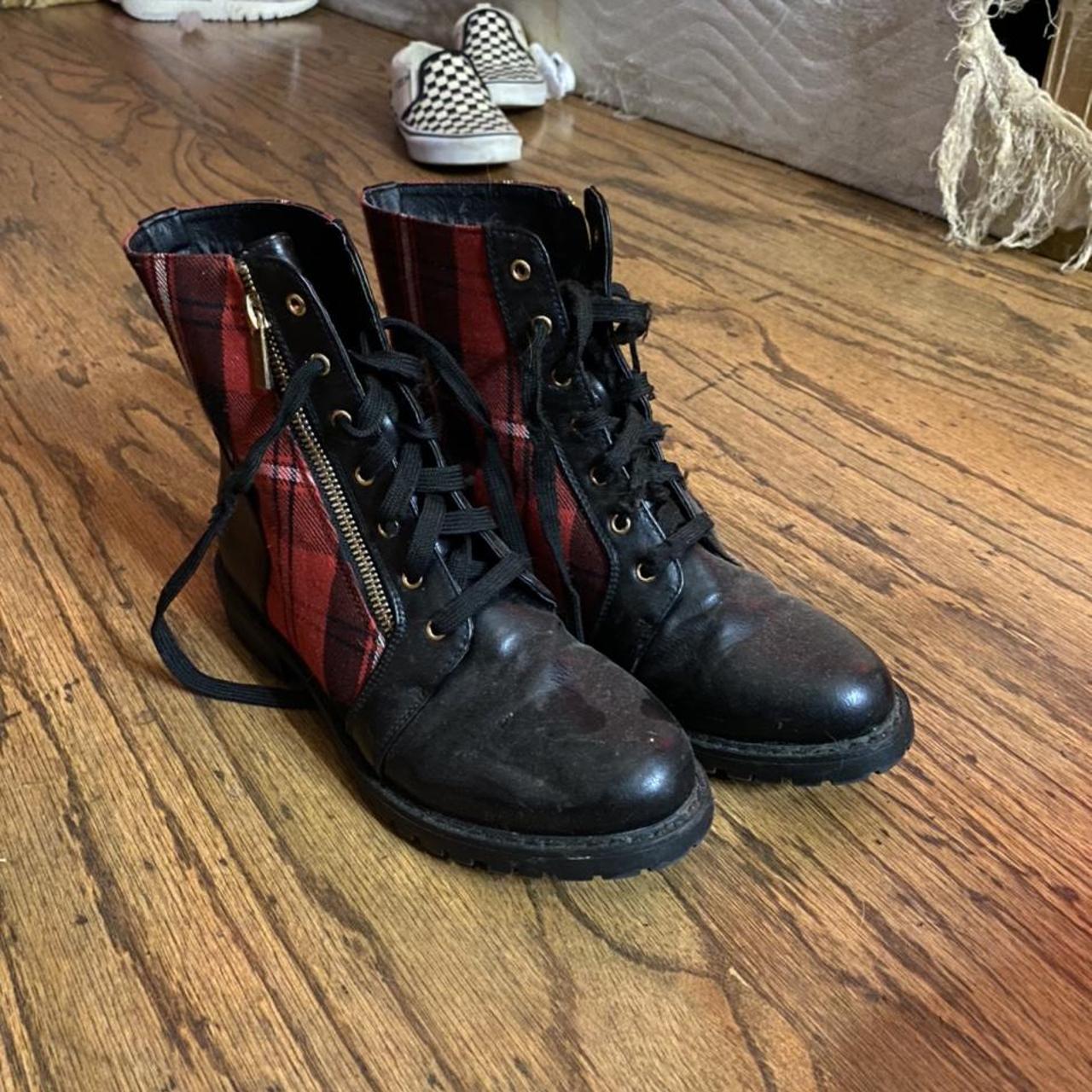 red plaid combat boots