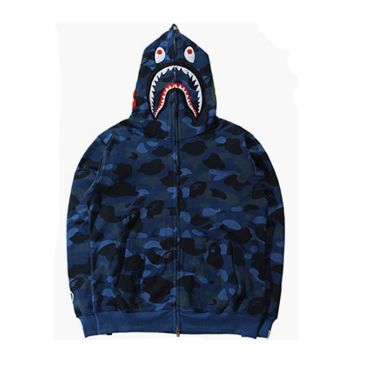 BAPE Shark Men's Hoodie Camo Loose Zipper Shark Head... - Depop