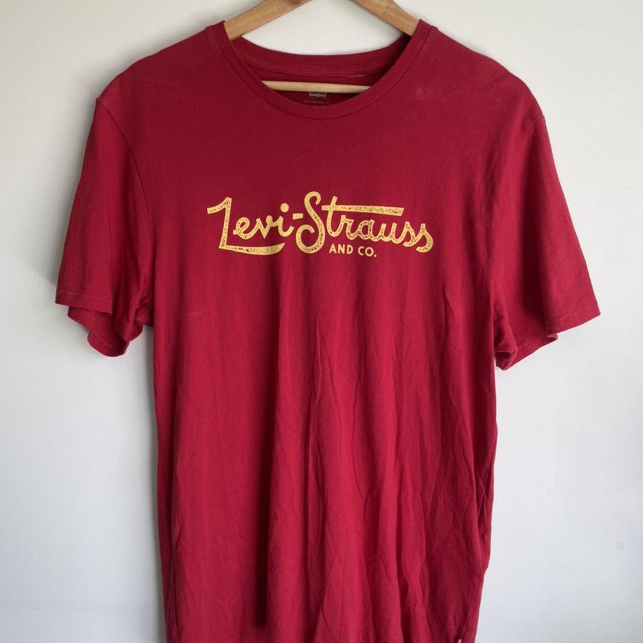 Levi Strauss Red with Yellow Logo Graphic... - Depop
