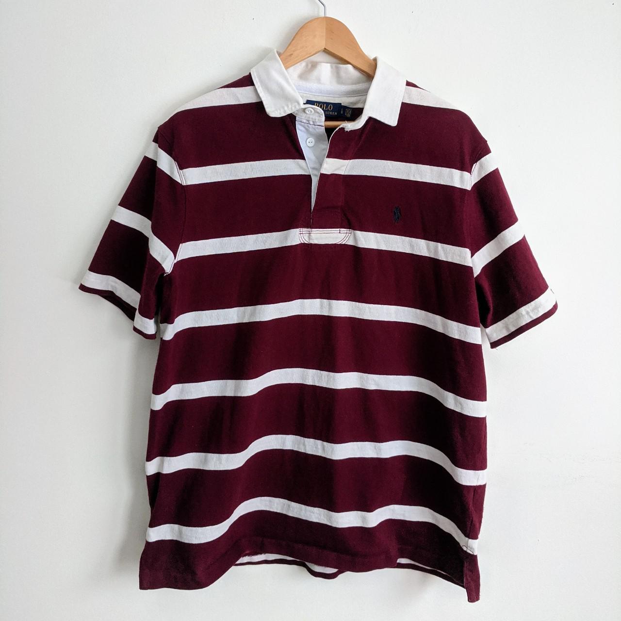 Polo Ralph Lauren Rugby Shirt Maroon/White Stripe... - Depop