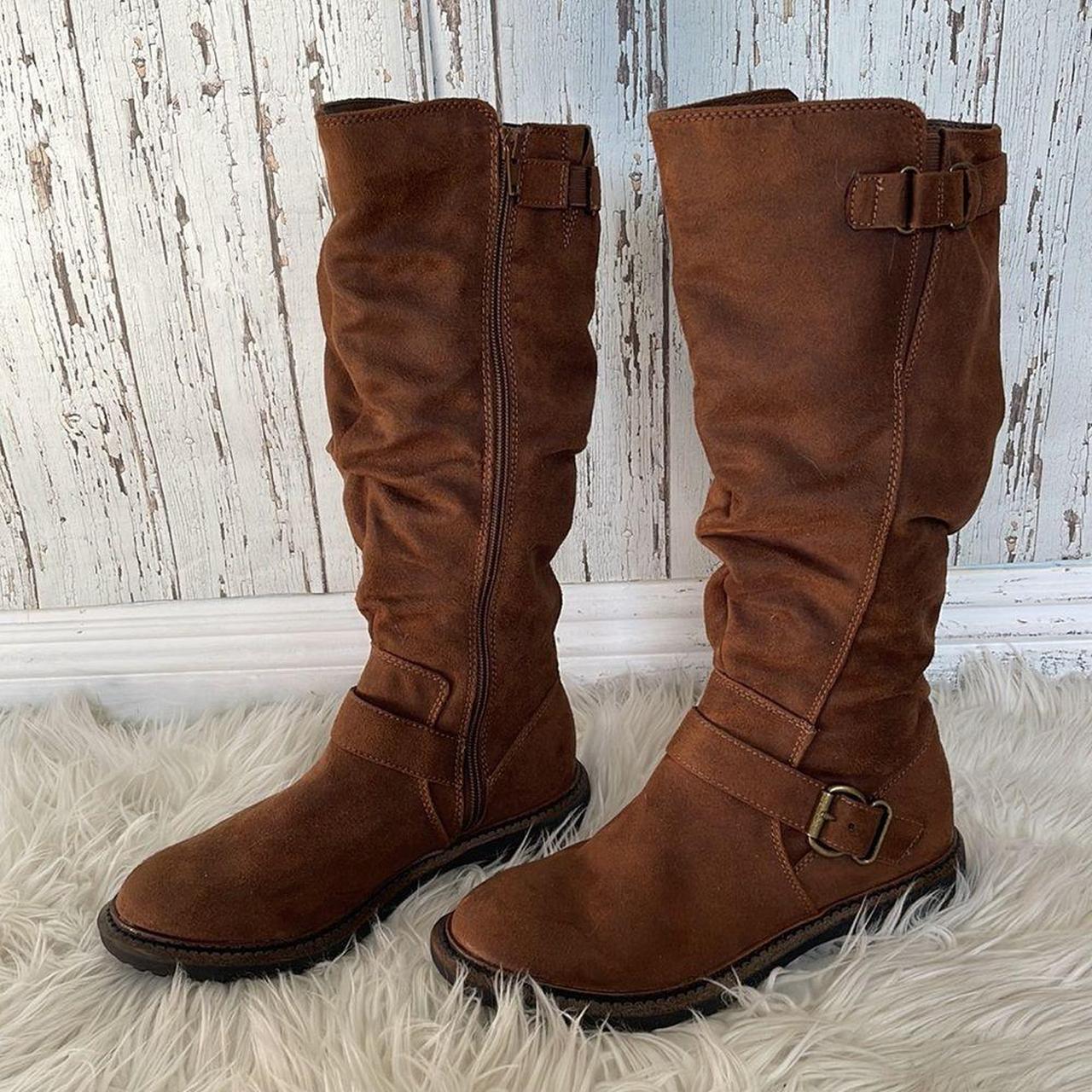 Brown real and Faux leather calf boots with buckle... - Depop