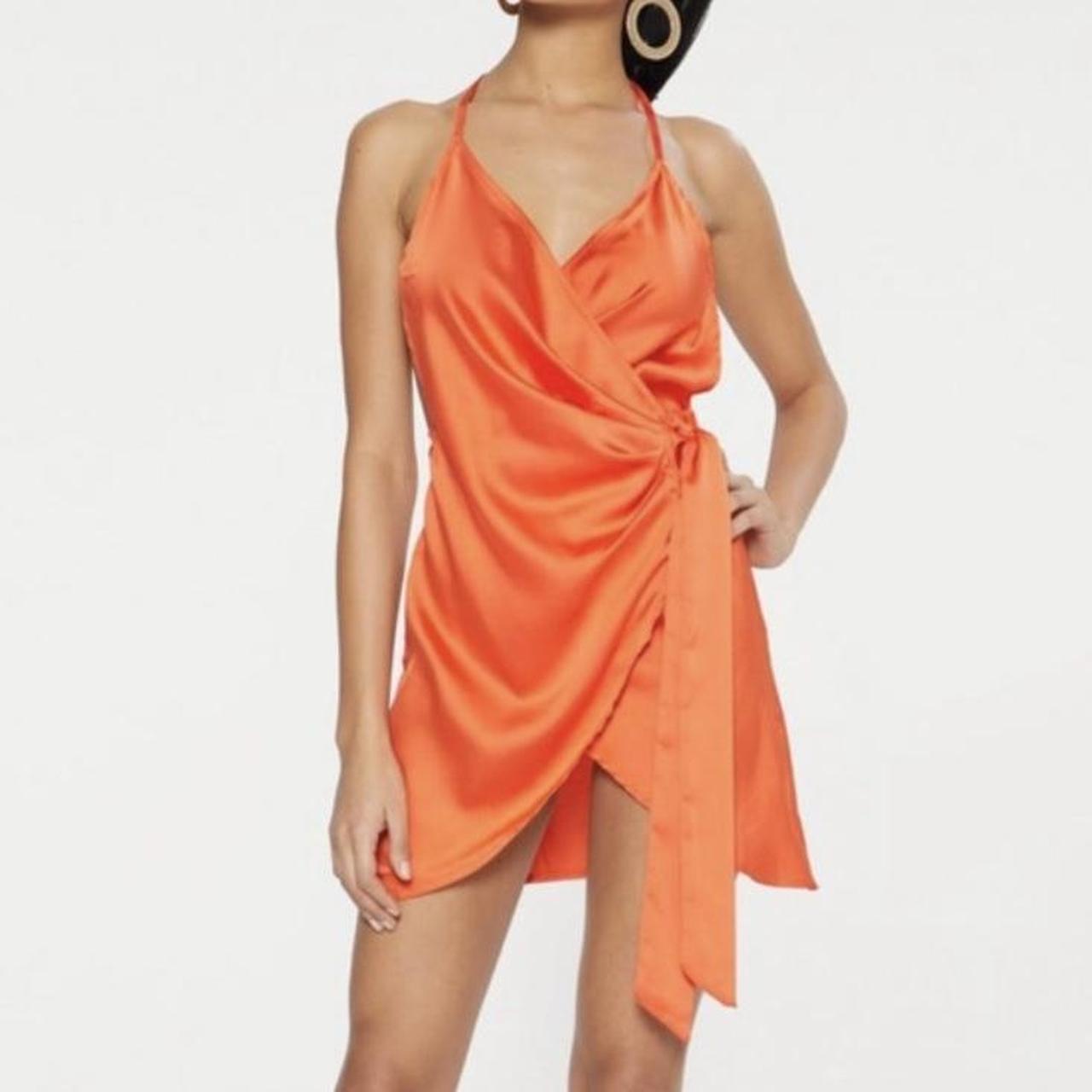 Orange satin halterneck hot sale wrap bodycon dress