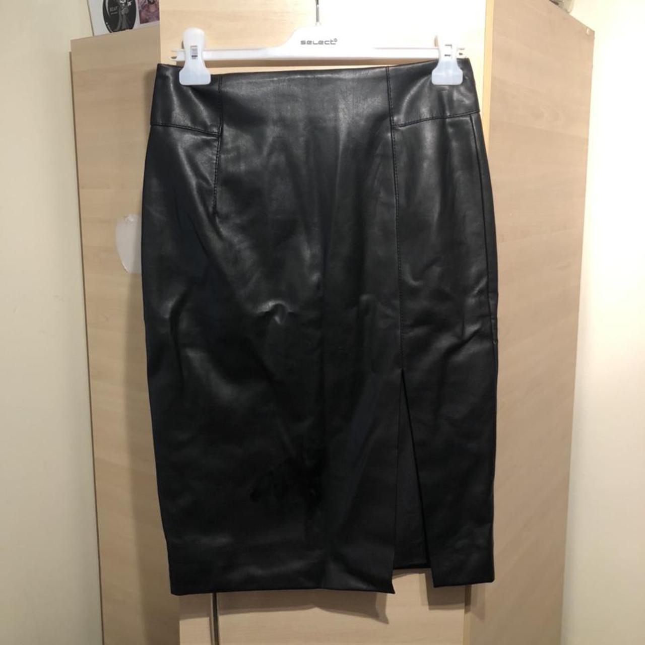 Faux Leather knee length high waisted skirt with a... - Depop