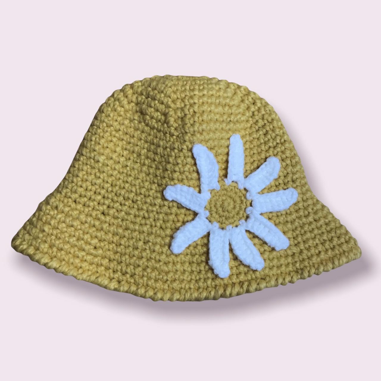 Crochet bucket hat. Yellow with large daisy…. - Depop