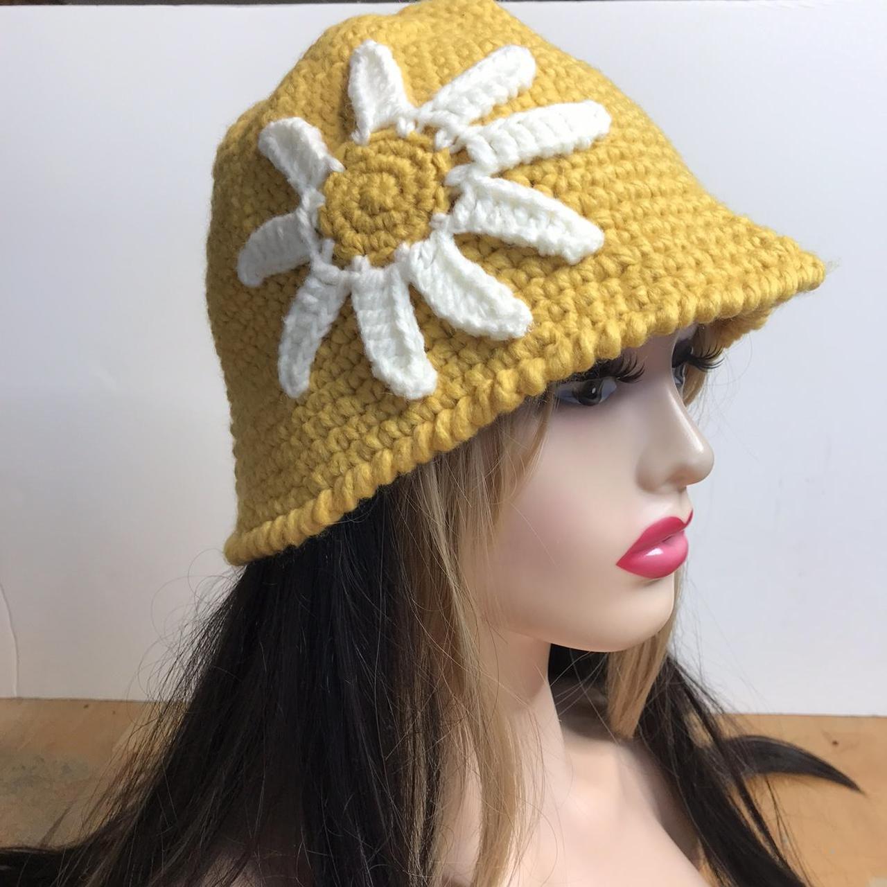 Crochet bucket hat. Yellow with large daisy…. - Depop
