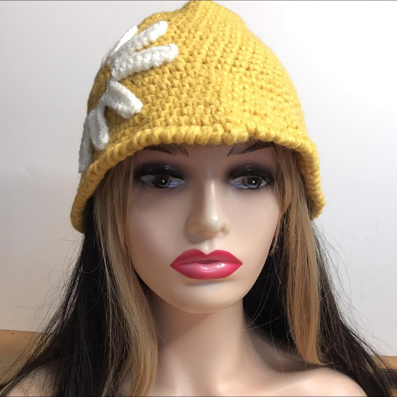 Crochet bucket hat. Yellow with large daisy.... Depop