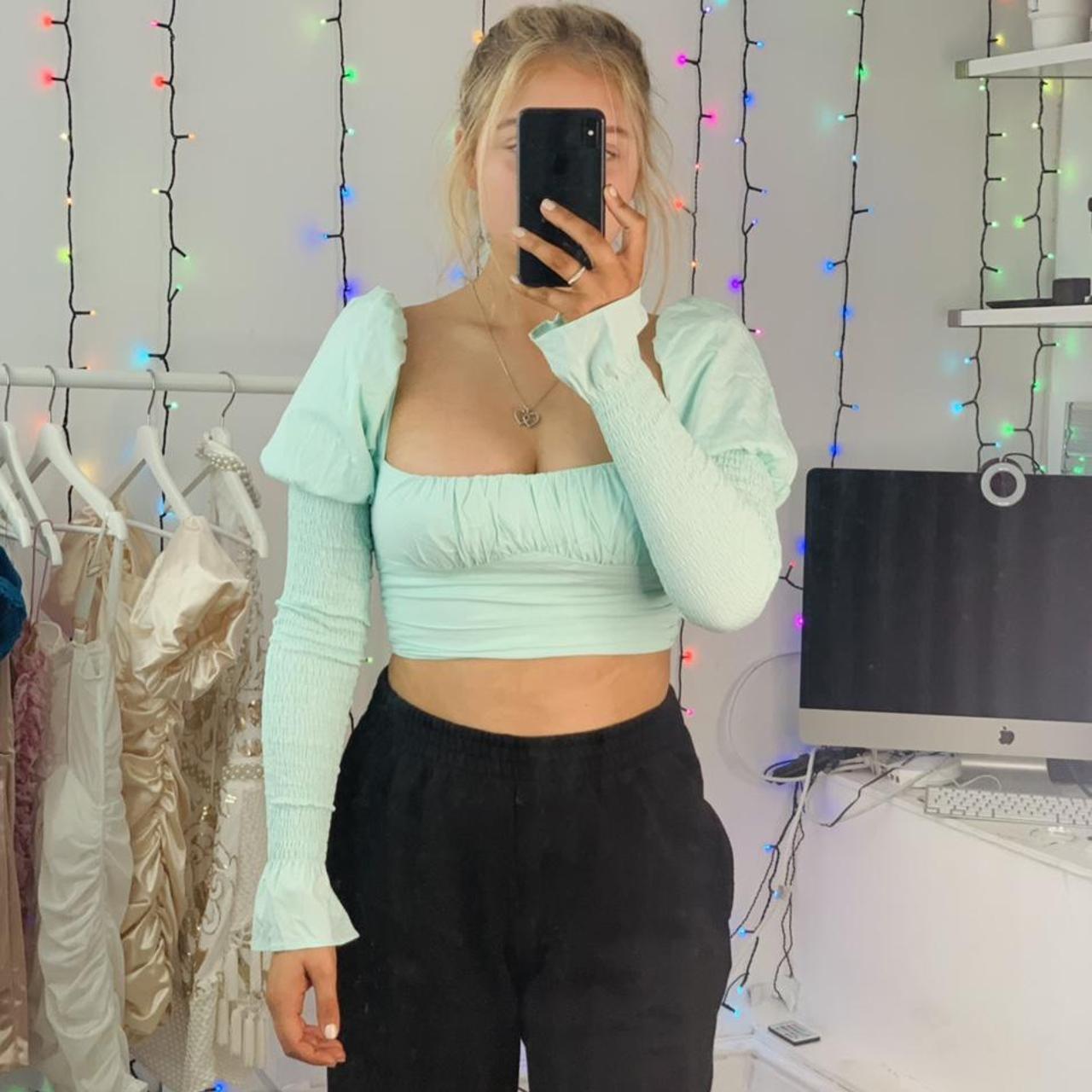 Oh Polly crop top in mint green. Puff ball sleeved, - Depop