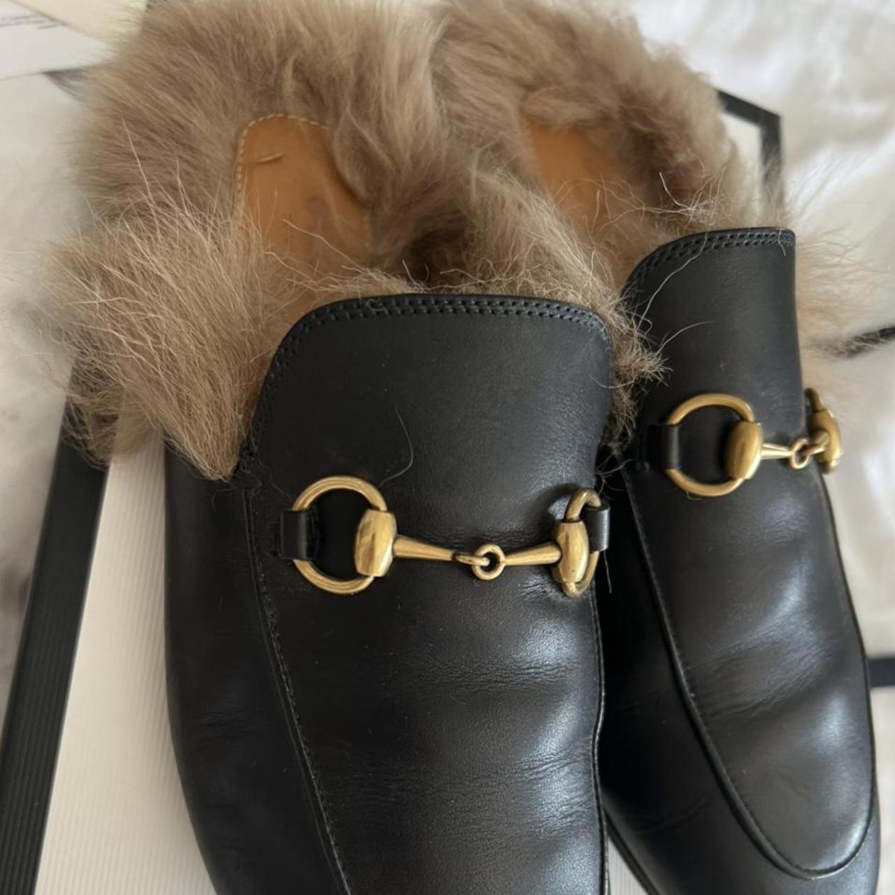 Gucci fur slides Size 3 Worn handful of times Fur in... - Depop