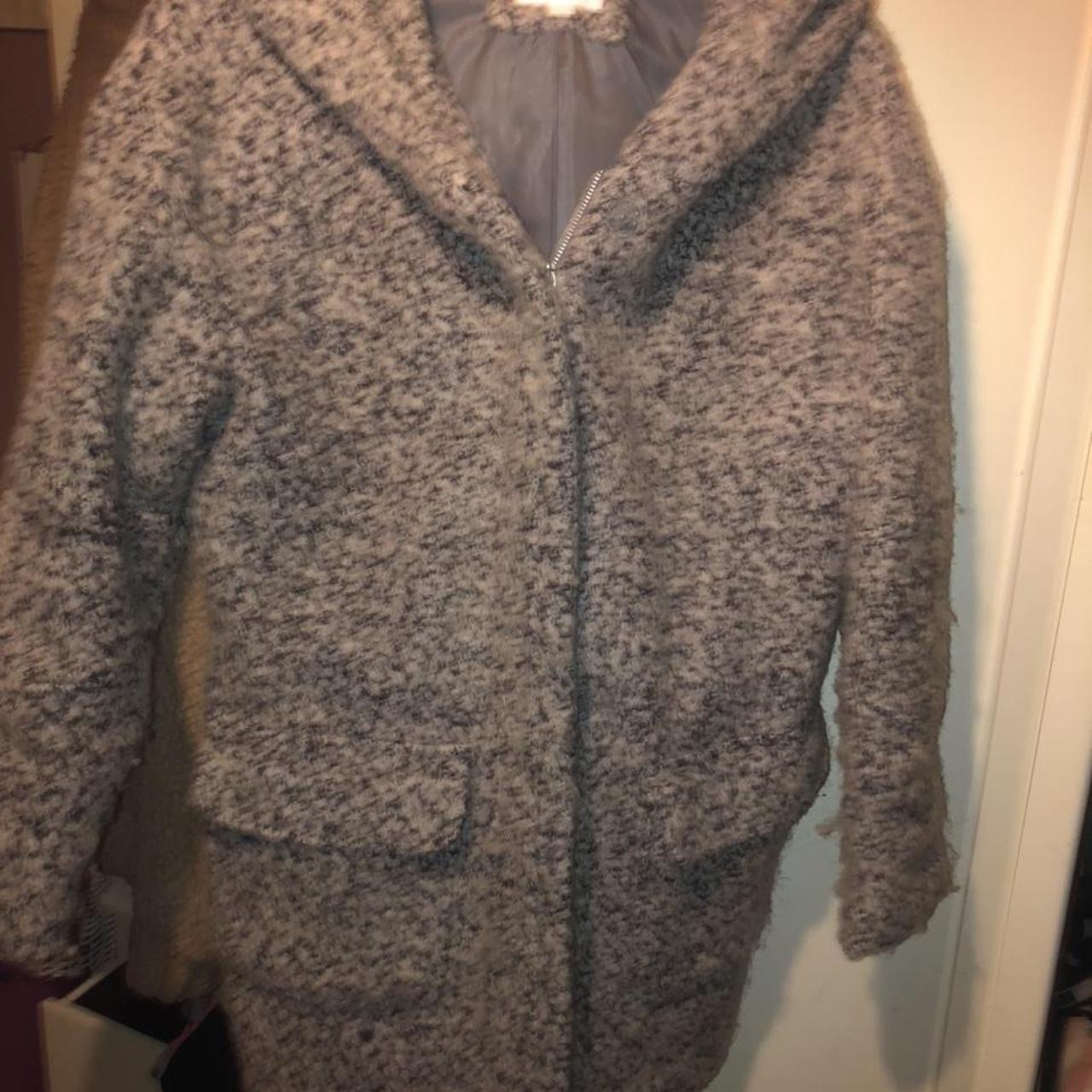 M&S grey thick knitted lined coat with hood, large... - Depop