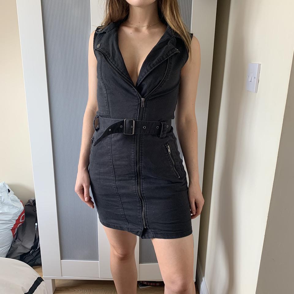 H M DARK GREY DENIM BIKER DRESS. SIZE 8 would also