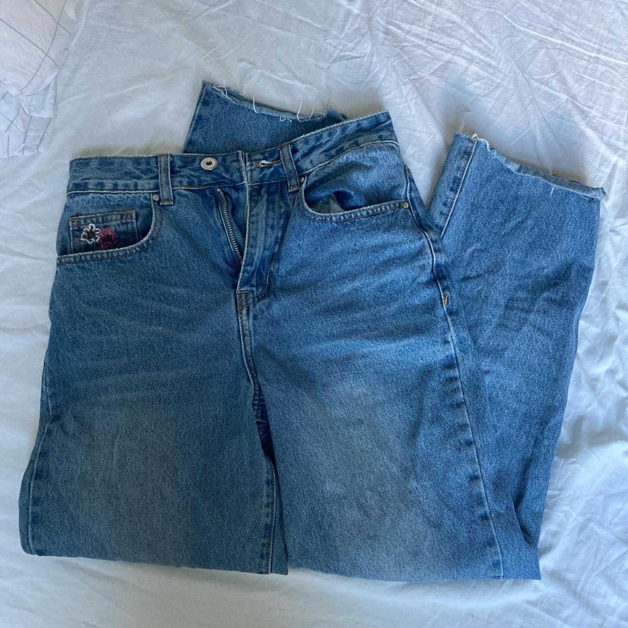 Straight Leg Jeans Little embroidery flowers on the... - Depop