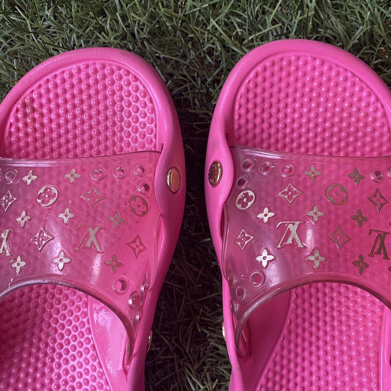 Hot Pink LV slides. Perfect for the pool or crazy - Depop