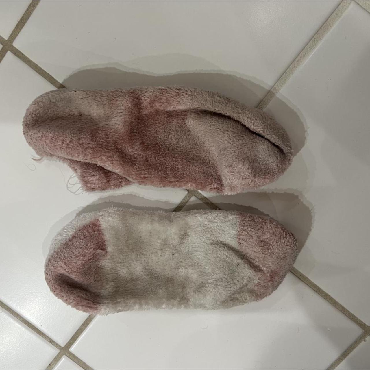 Fuzzy pink and white socks Super cozy, a bit dirty... - Depop