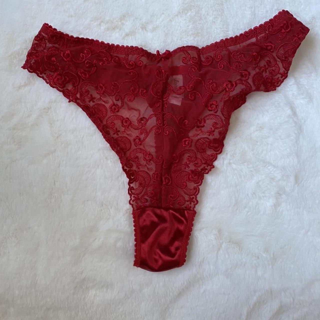 Cherry Red Satin and Lace Thong. Completely new and... - Depop
