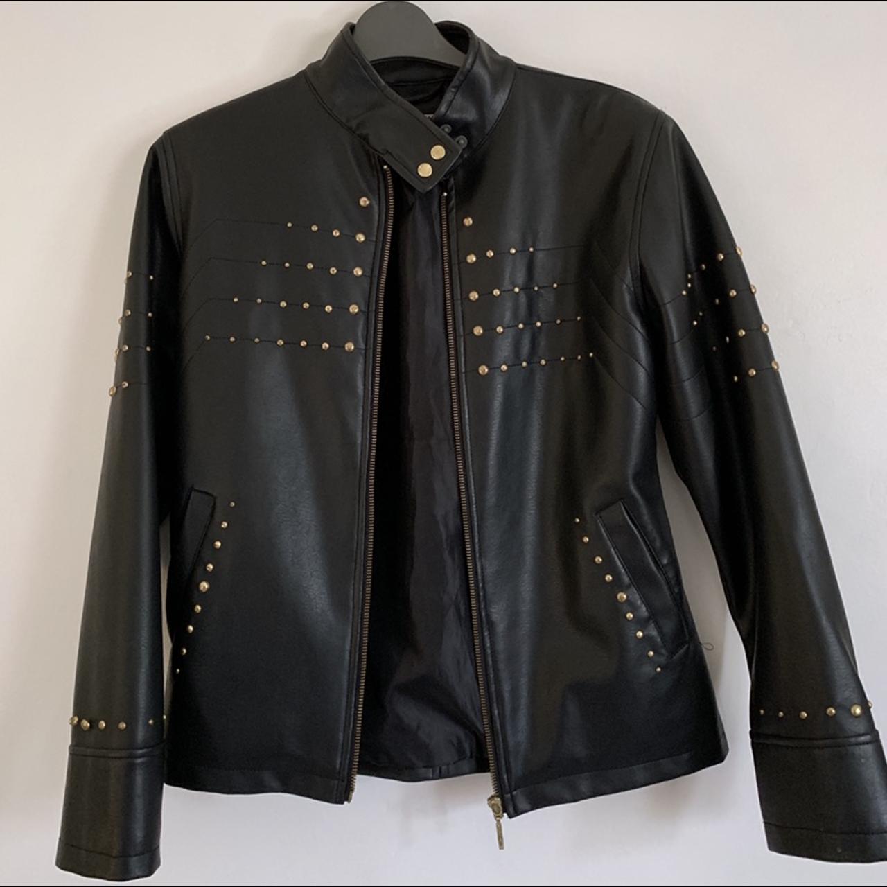 Vintage Black faux leather biker jacket Gold... - Depop