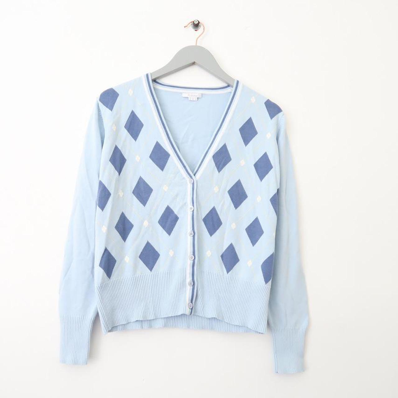 Y2k blue argyle checked cardigan. Size medium or... - Depop