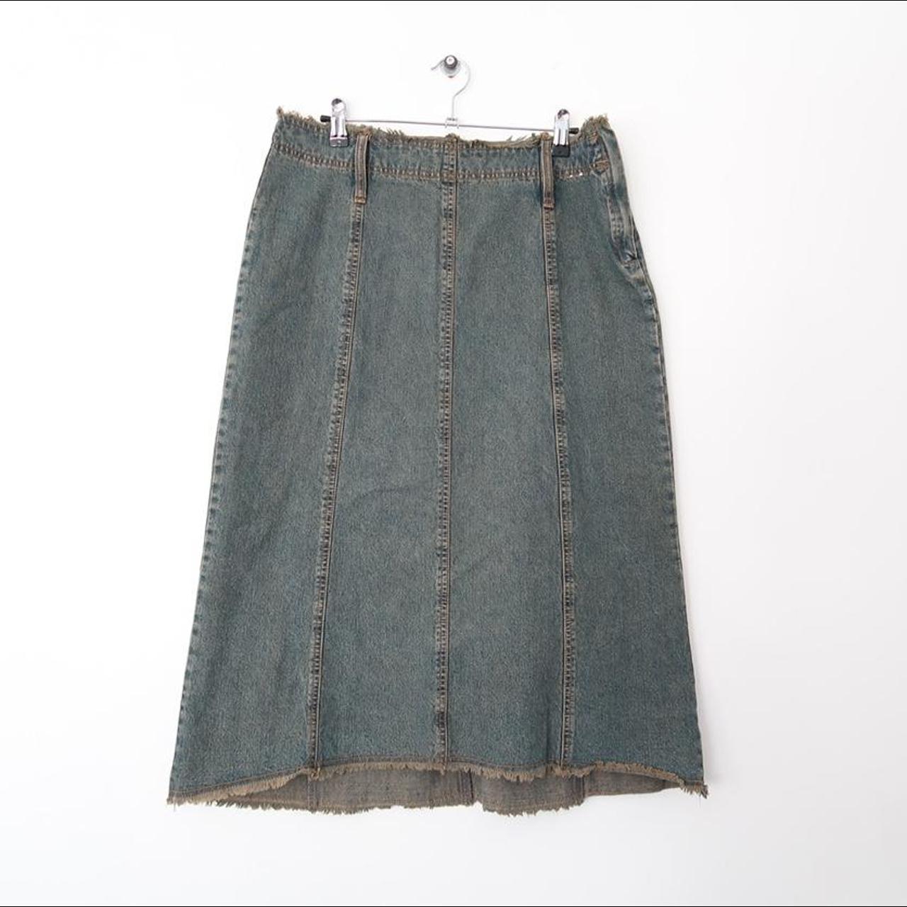 90s y2k denim midi skirt with frayed raw hemline.... - Depop
