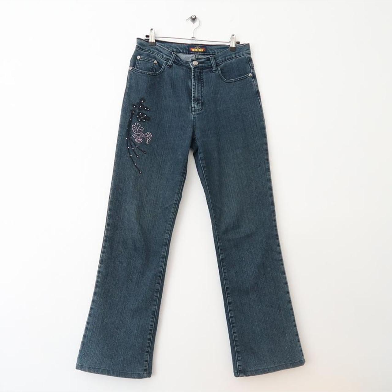 Y2k bootcut flared jeans. Dark blue with embroidered... - Depop