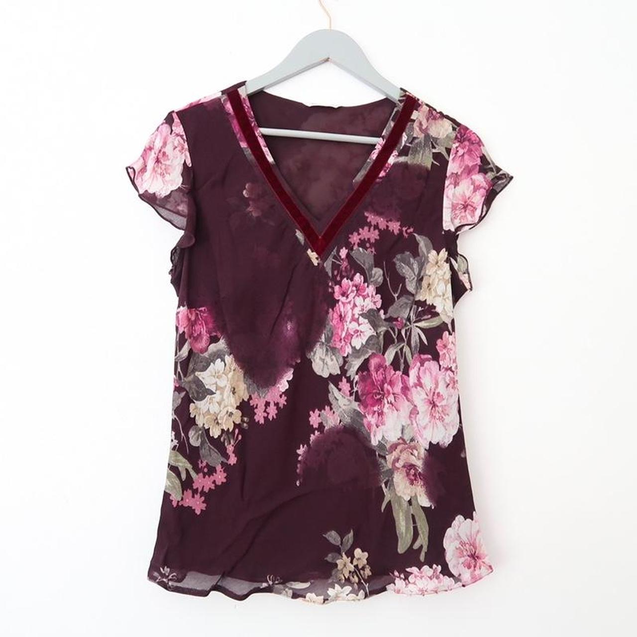 Y2k burgundy chiffon top. Floral pattern, velvet and... - Depop