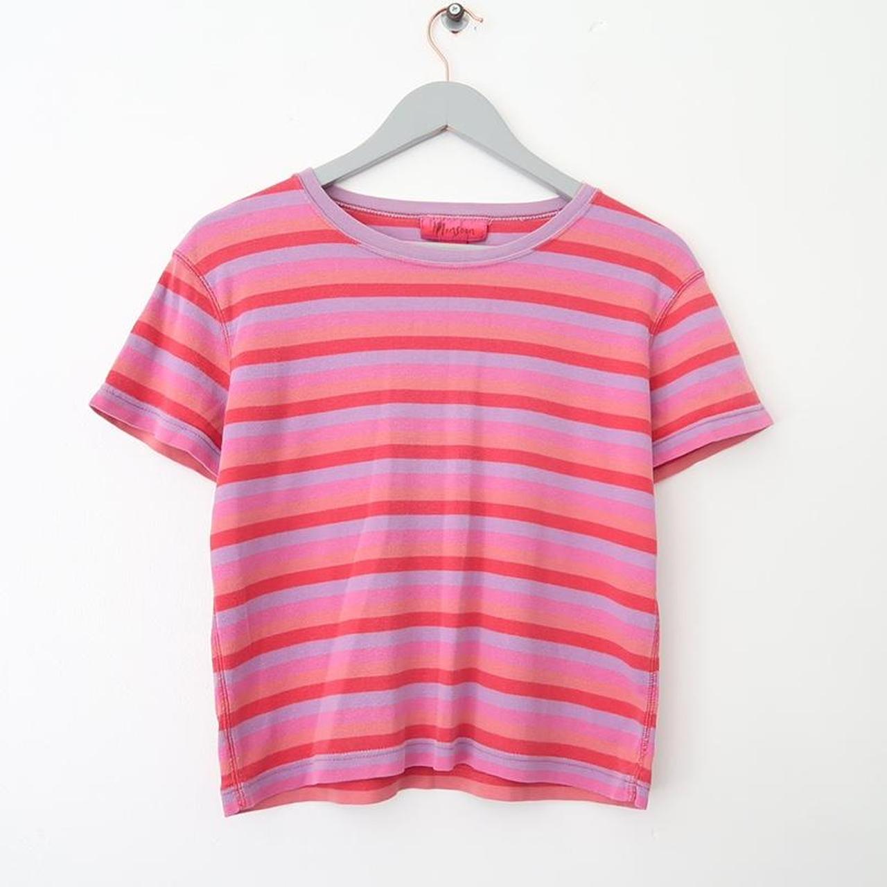 90s monsoon pink and purple and orange striped t... - Depop