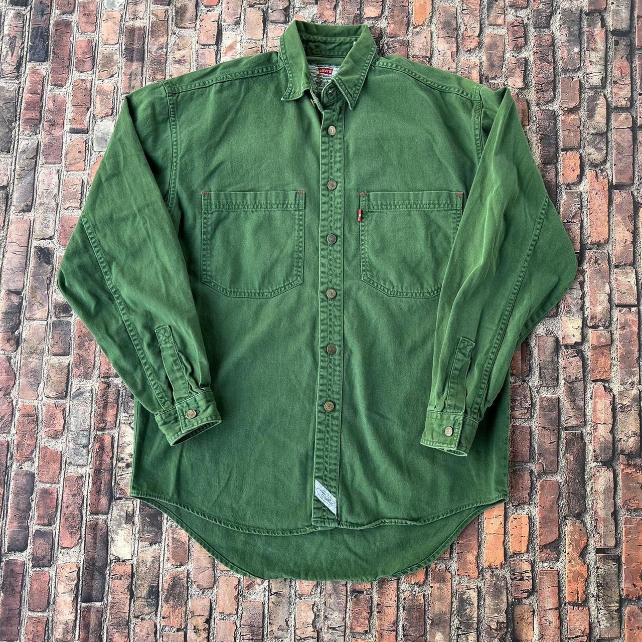 Vintage 90s Levi’s Green Denim Button Shirt Long - Depop