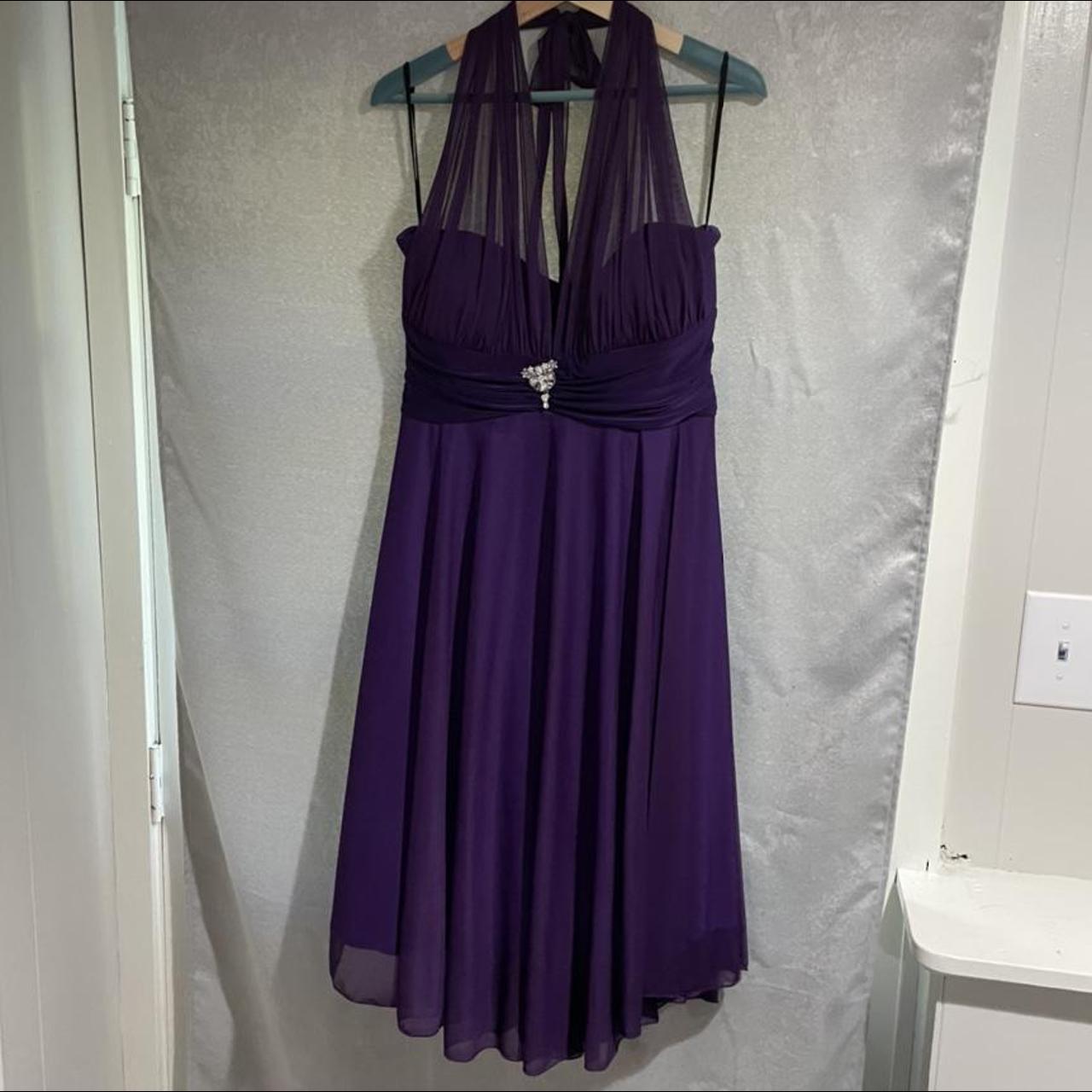 Purple formal midi dress. No size but fits like an - Depop