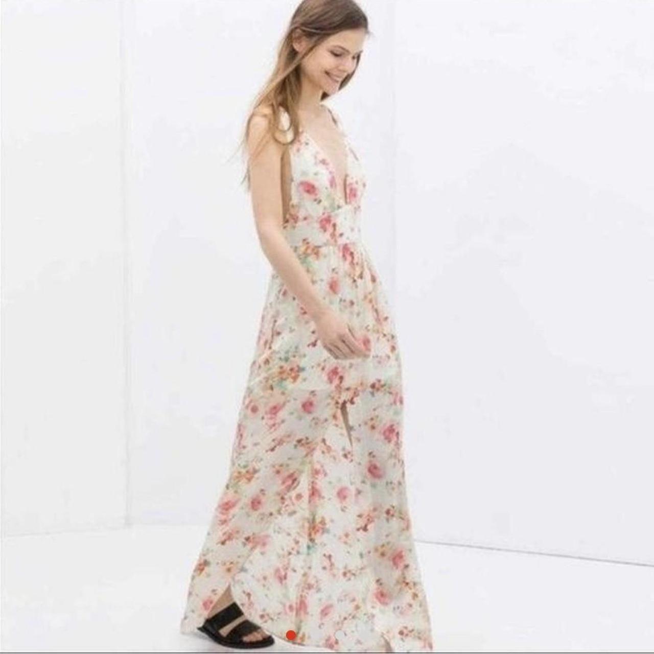 Silky floral Zara maxi dress with slit, size M... Depop