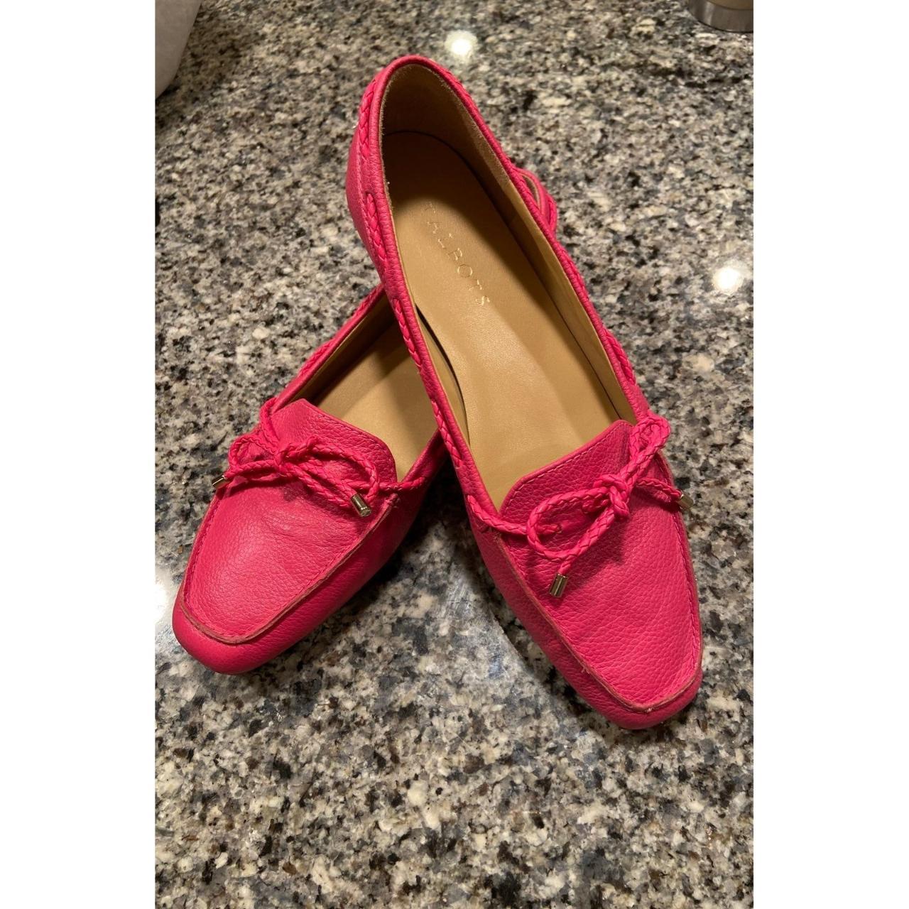 Hot pink flat leather loafers with square toe and... Depop