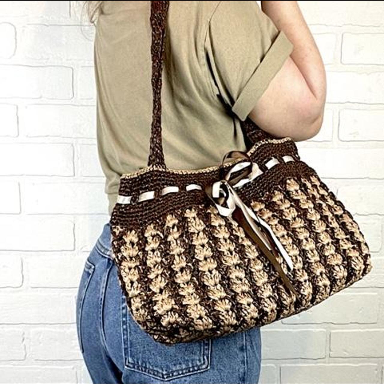 Brown Vintage Leather Crochet Bag Woven Bag Tote