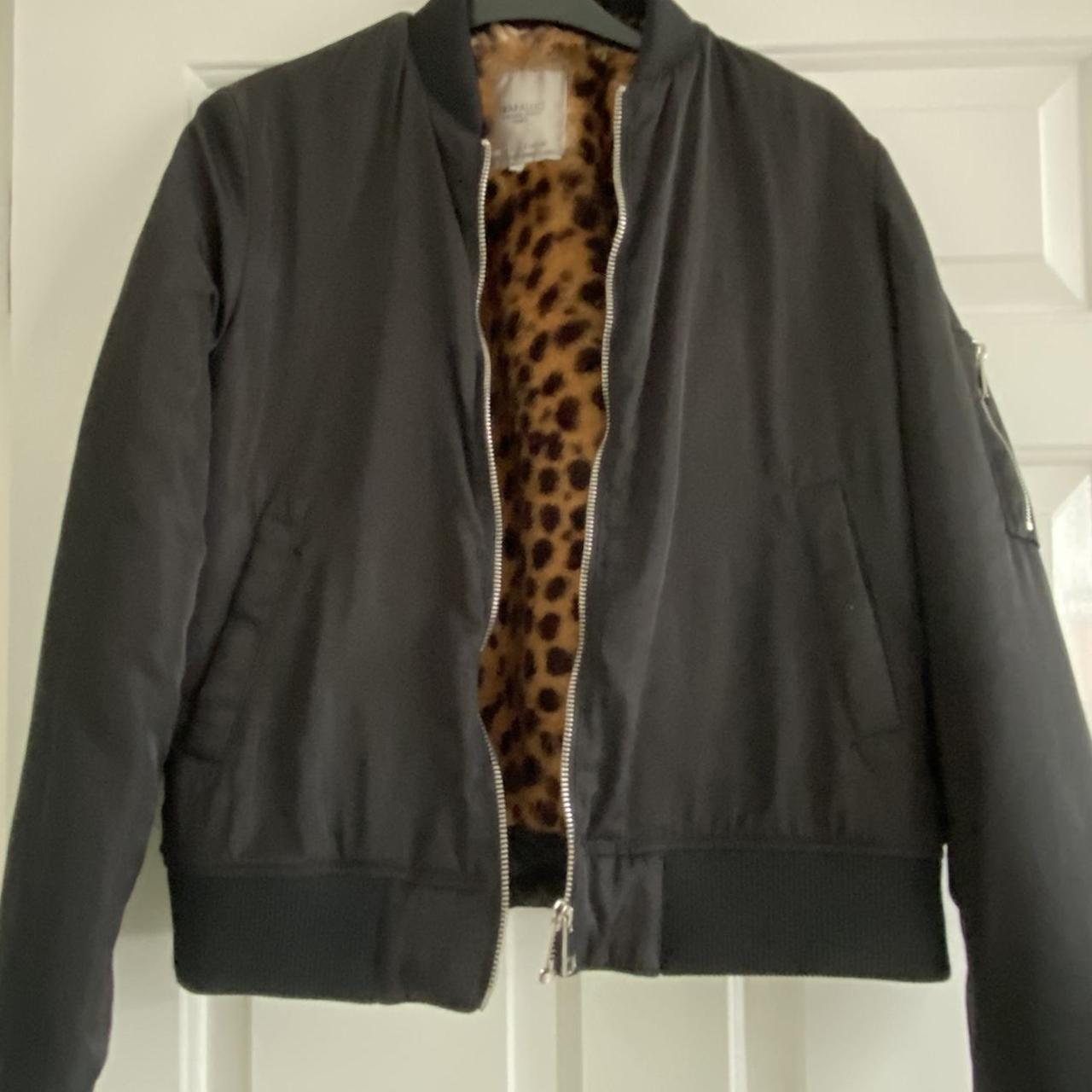 Zara black bomber jacket with leopard print faux fur... Depop