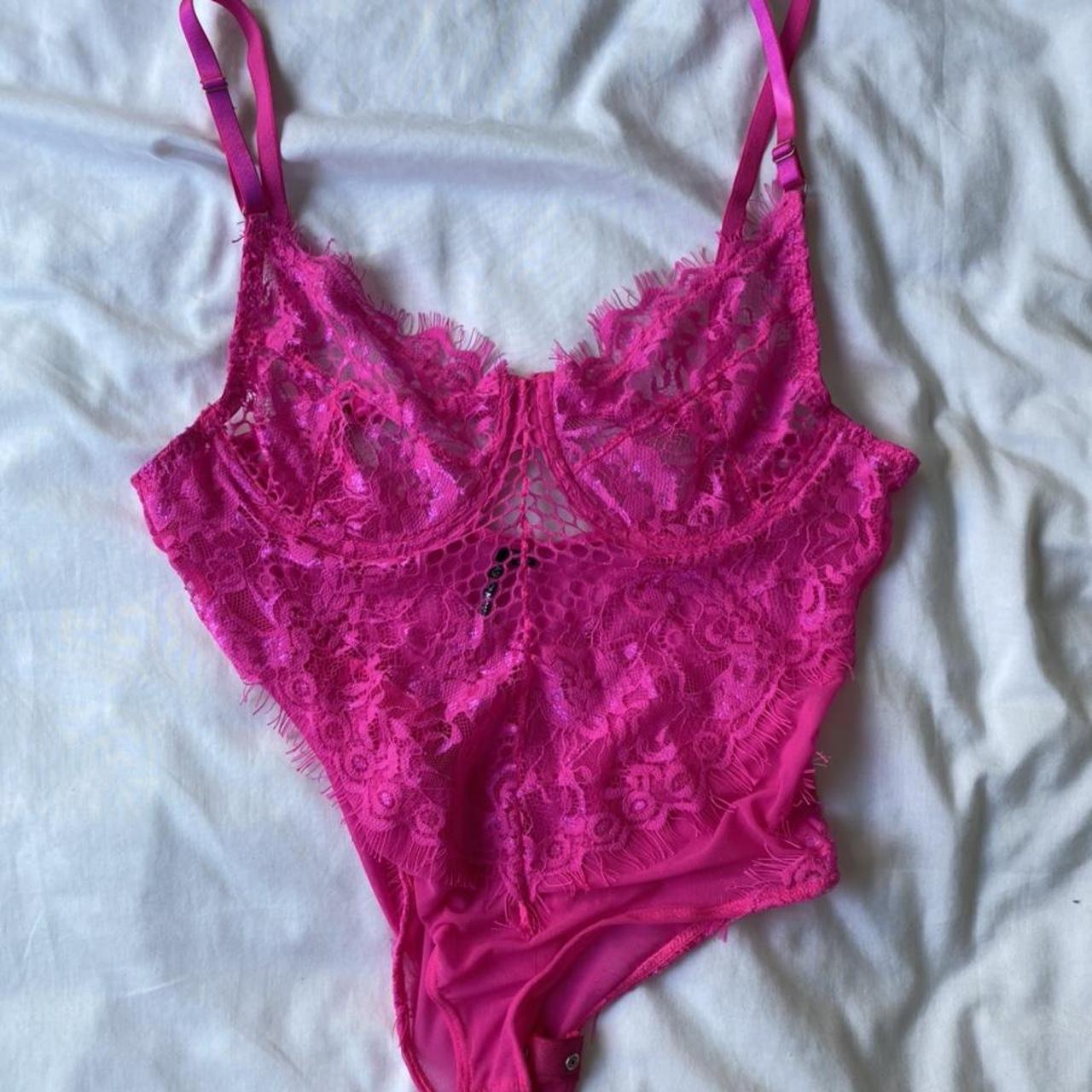 fashion nova bodysuit size s hot pink lace bodysuit... - Depop