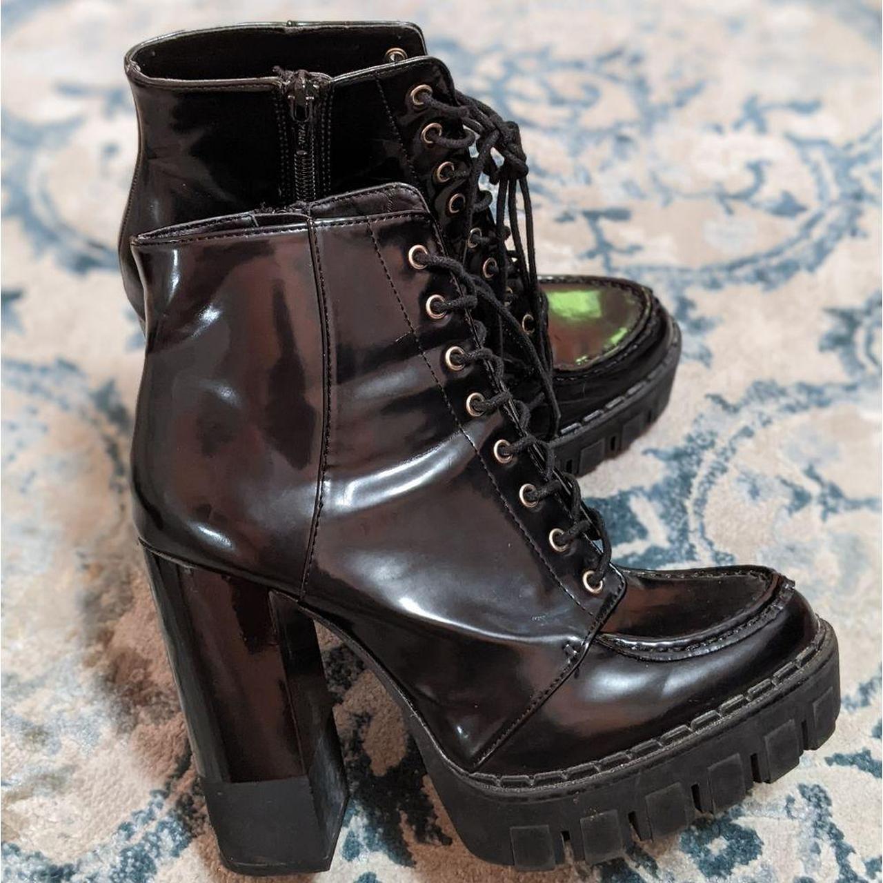 Zara Black Patent High Heel Combat Boots... - Depop