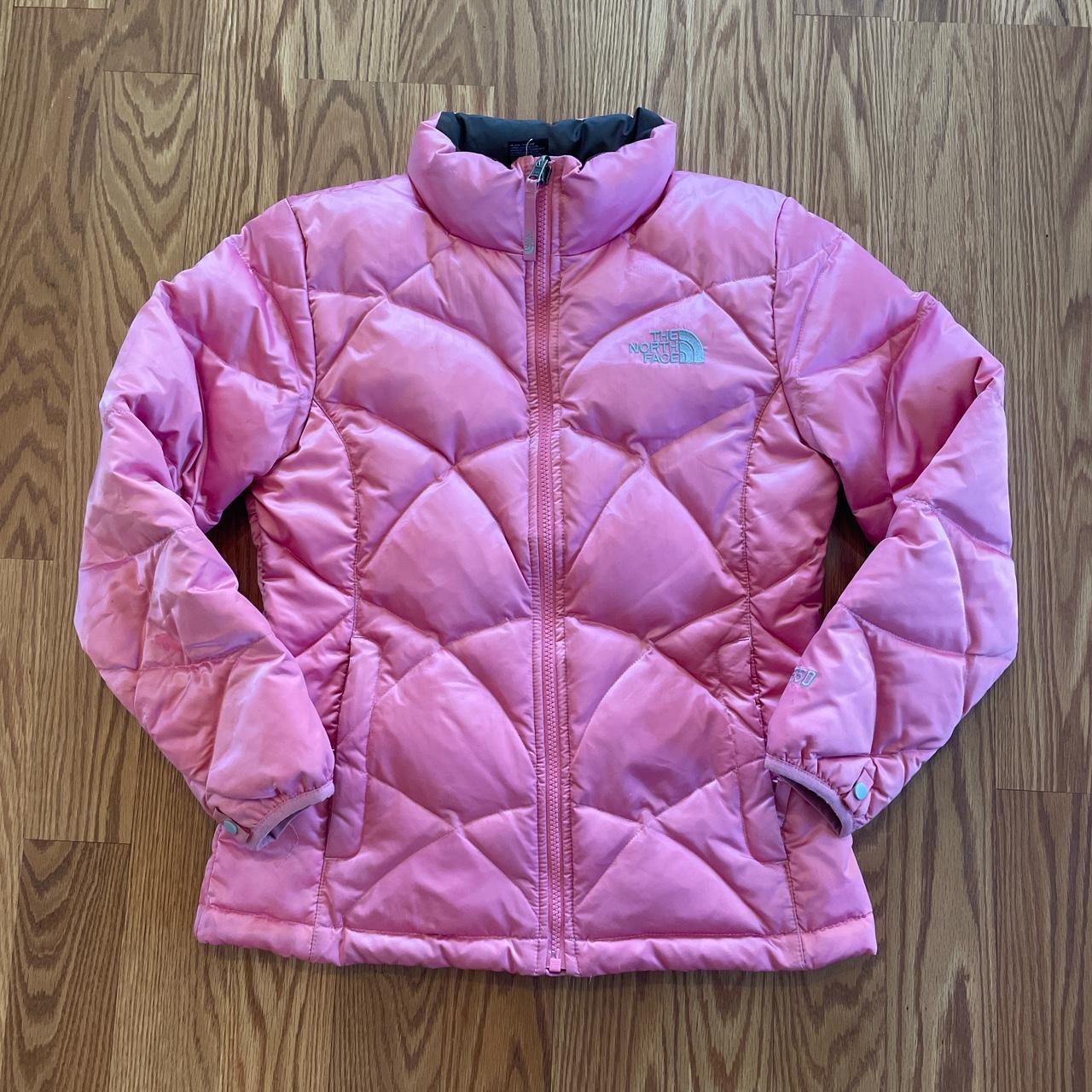 pink and brown north face jacket