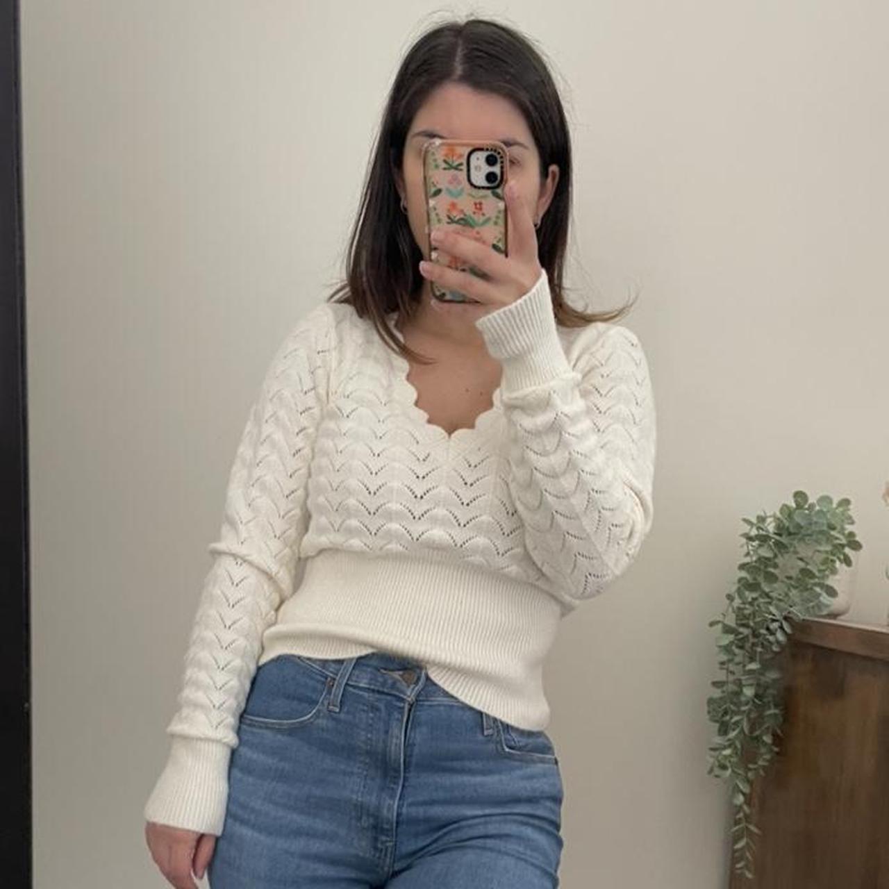 Zara Knit white vneck jumper in size S. Super comfy... Depop
