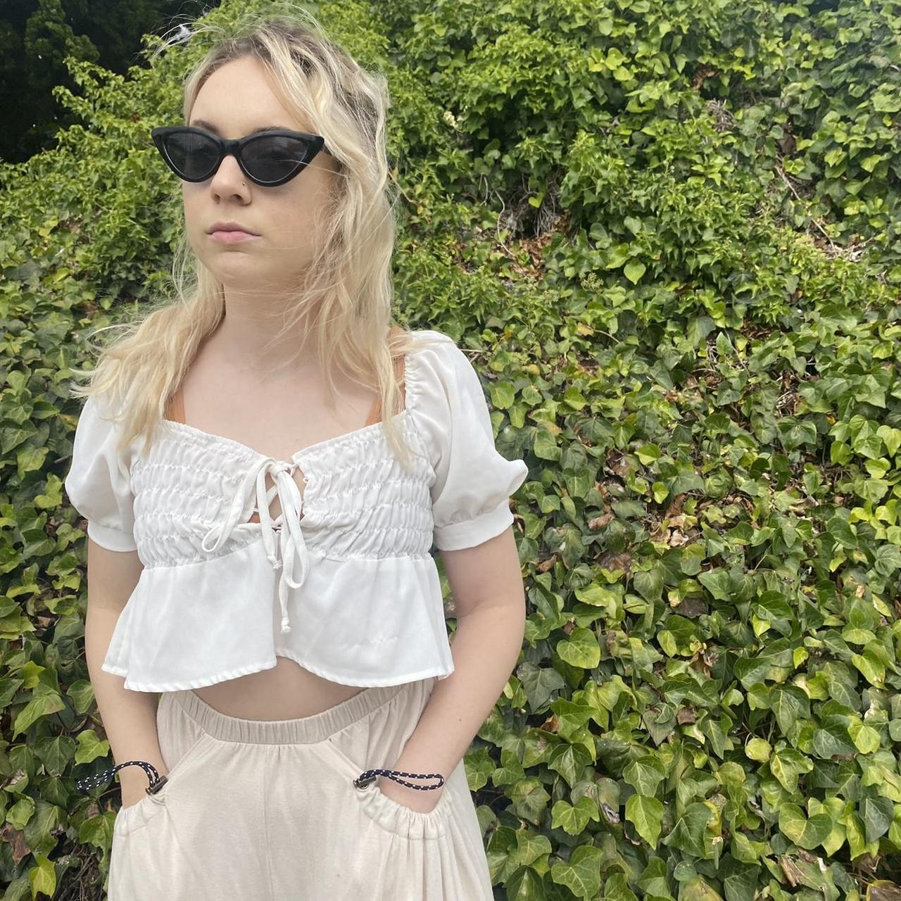 Off white flowy crop top with cute puffy sleeves!!... - Depop
