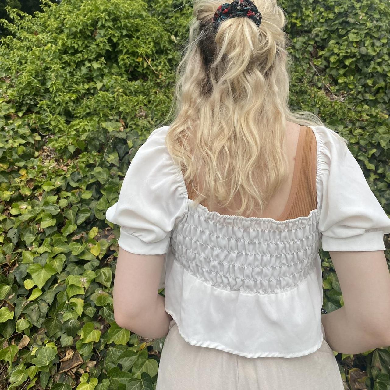 Off white flowy crop top with cute puffy sleeves!!... - Depop