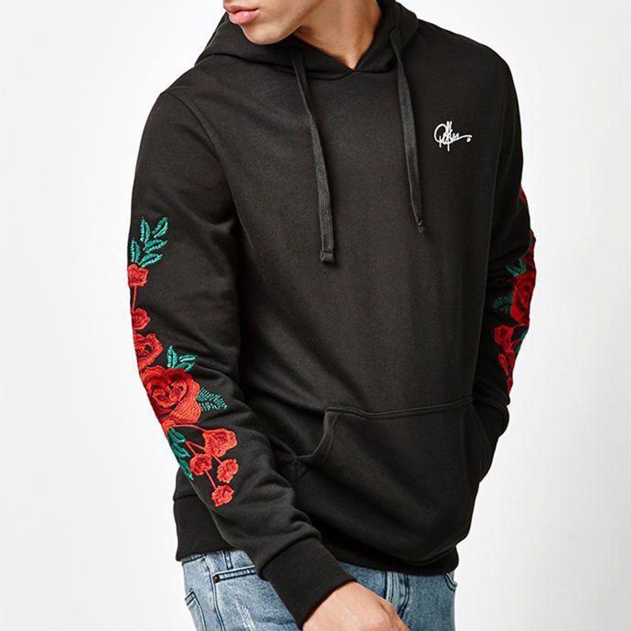 Young Reckless Unisex Black Hoodie with Roses on. Depop