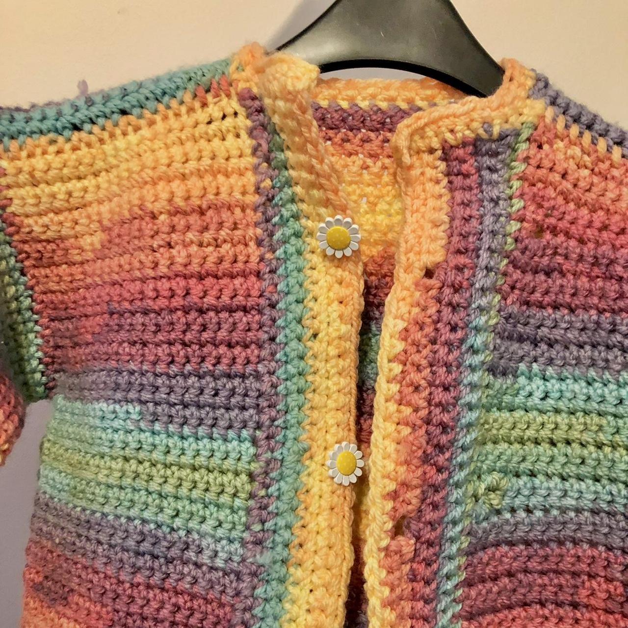 crochet pastel rainbow cardigan with daisy buttons !... - Depop