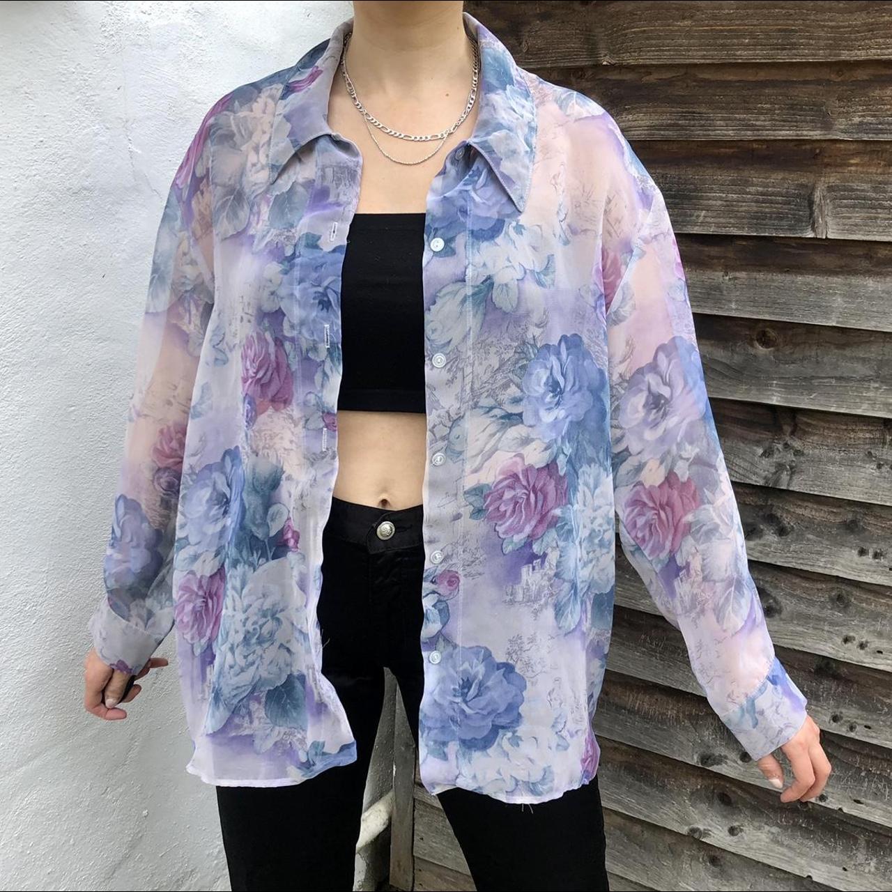 Vintage Mesh Shirt Blouse, 90s. Colourful Floral... - Depop