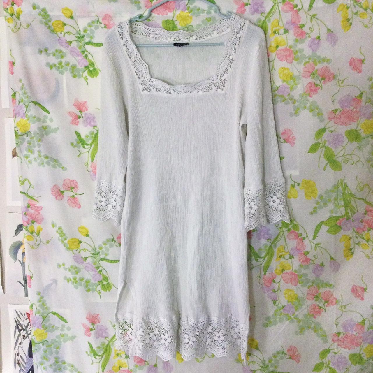 Fairy cottagecore lace embroidered edge white dress... - Depop