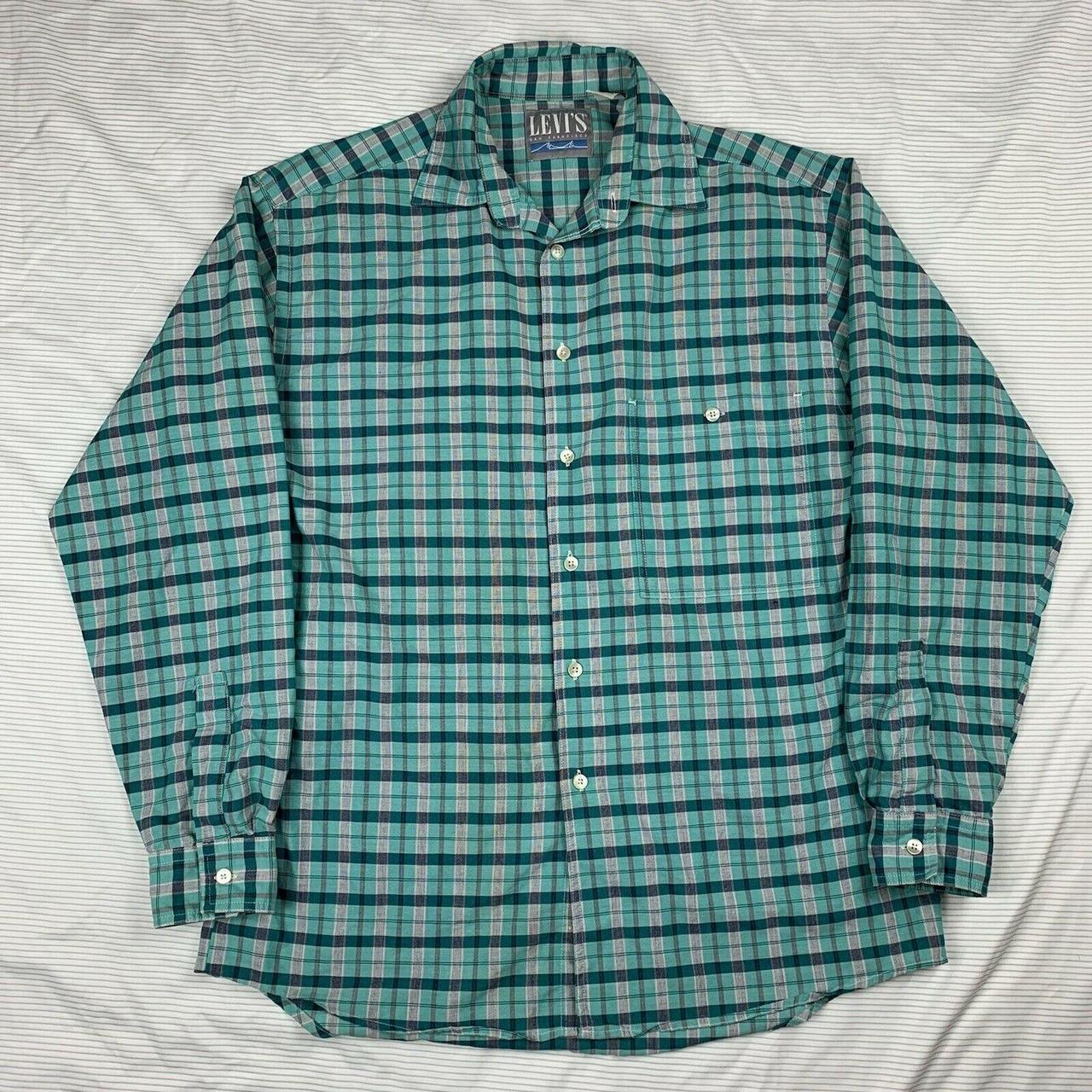 Vintage Levis Button Up Shirt Mens Medium Green Blue... - Depop