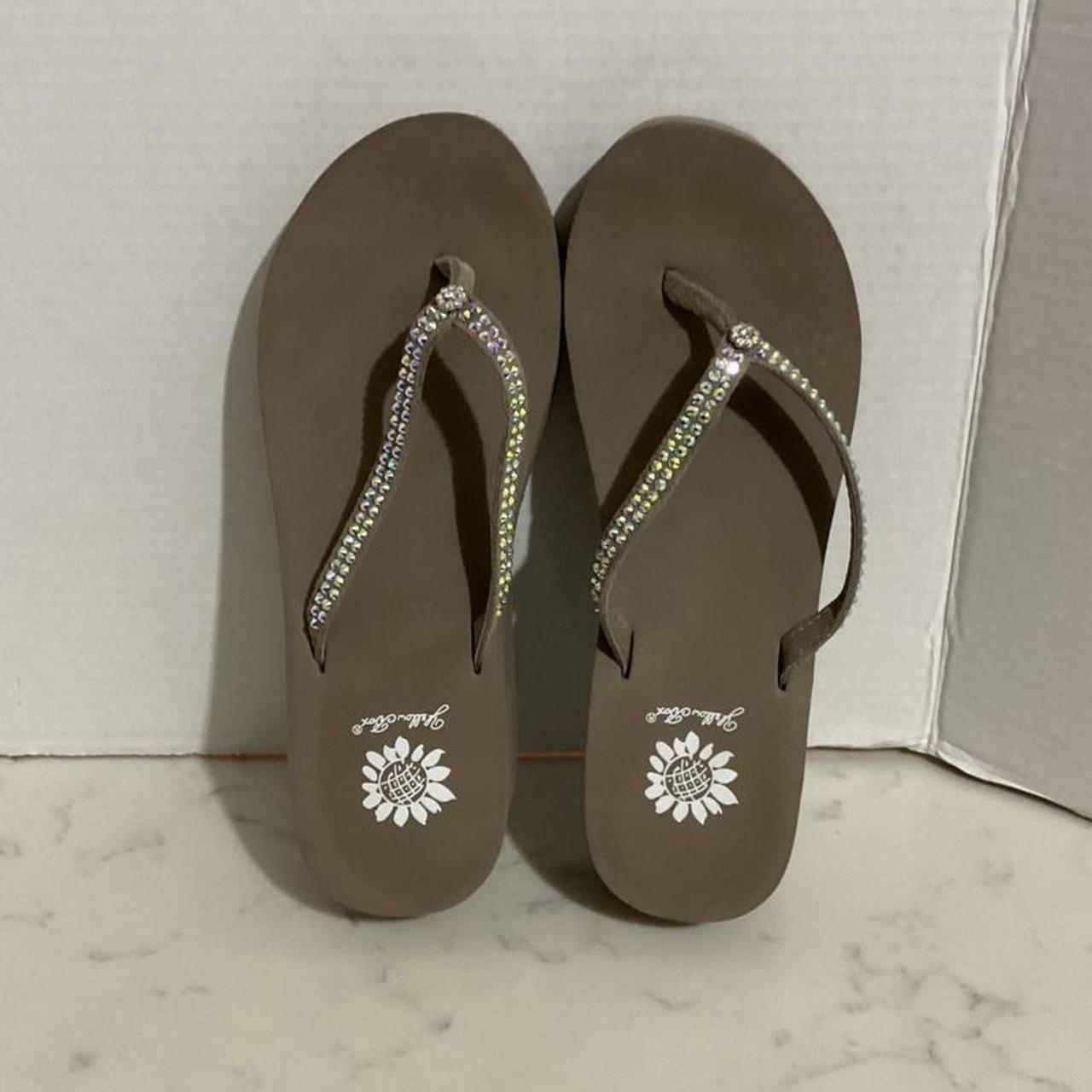 Yellow box jeweled flip flops hot sale