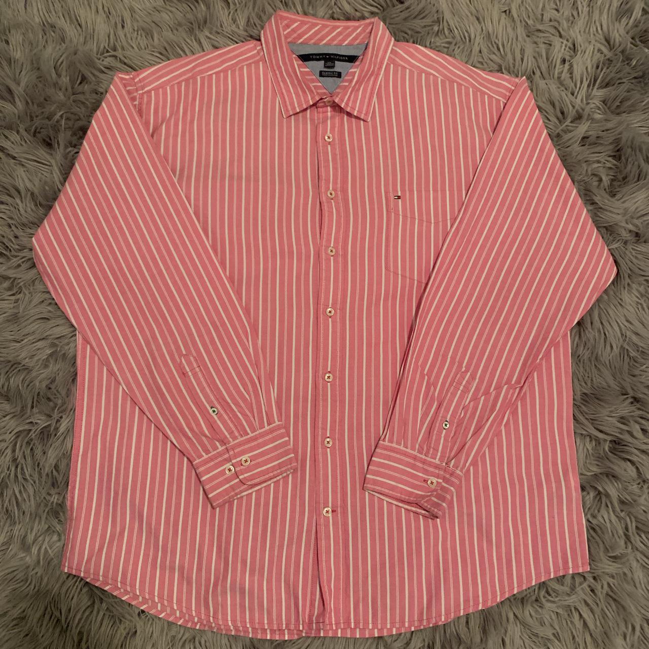 Men’s Tommy Hilfiger Button Up shirt, Pink and White... - Depop