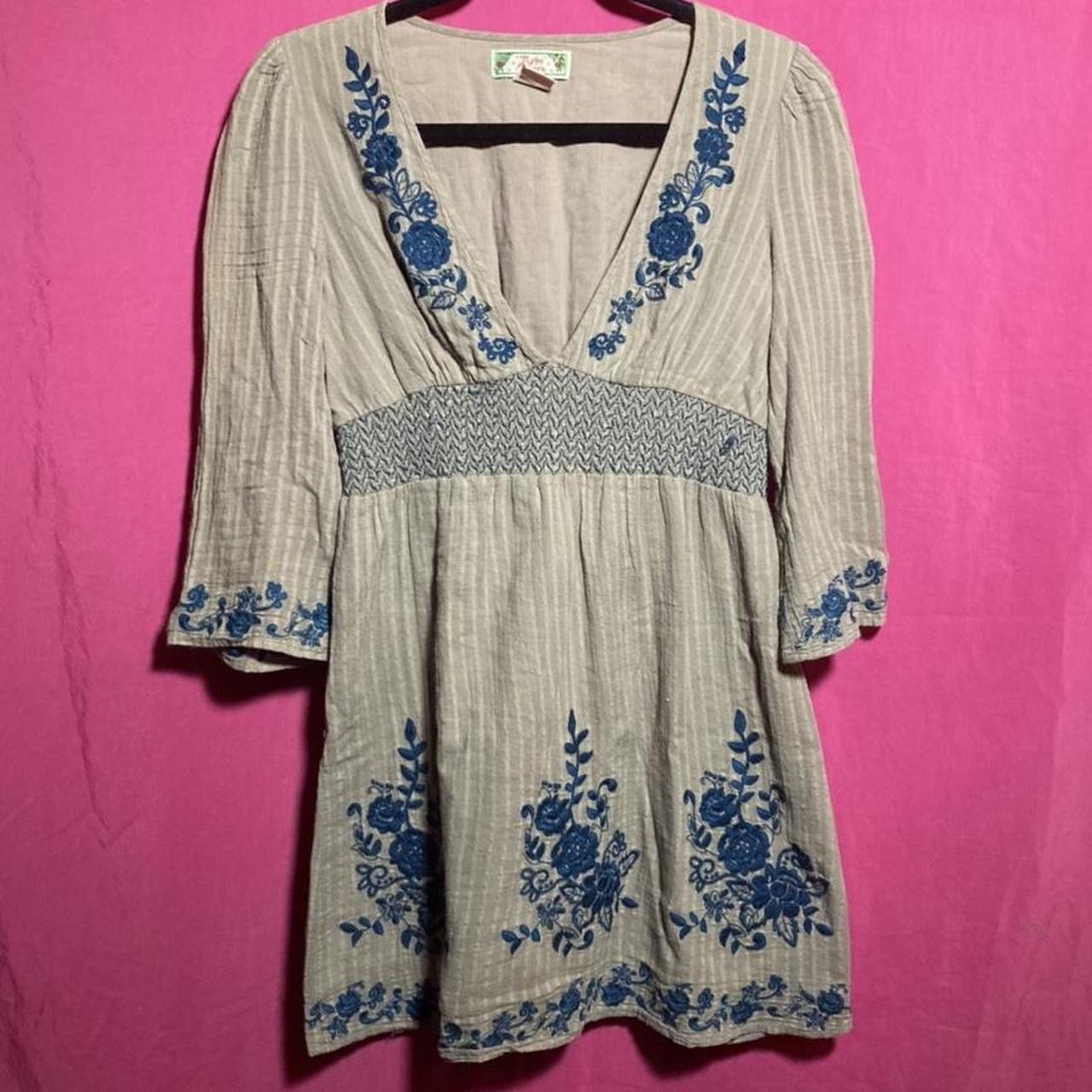 Brownish gray long sleeve dress with blue embroidery... Depop