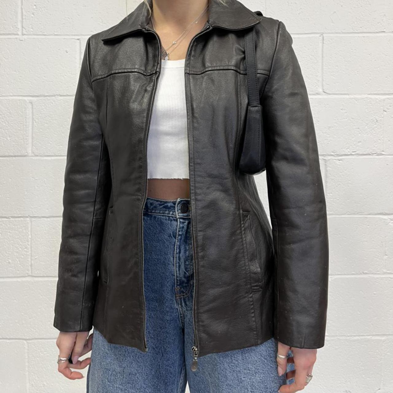 Vintage dark brown genuine leather zip up jacket,... - Depop