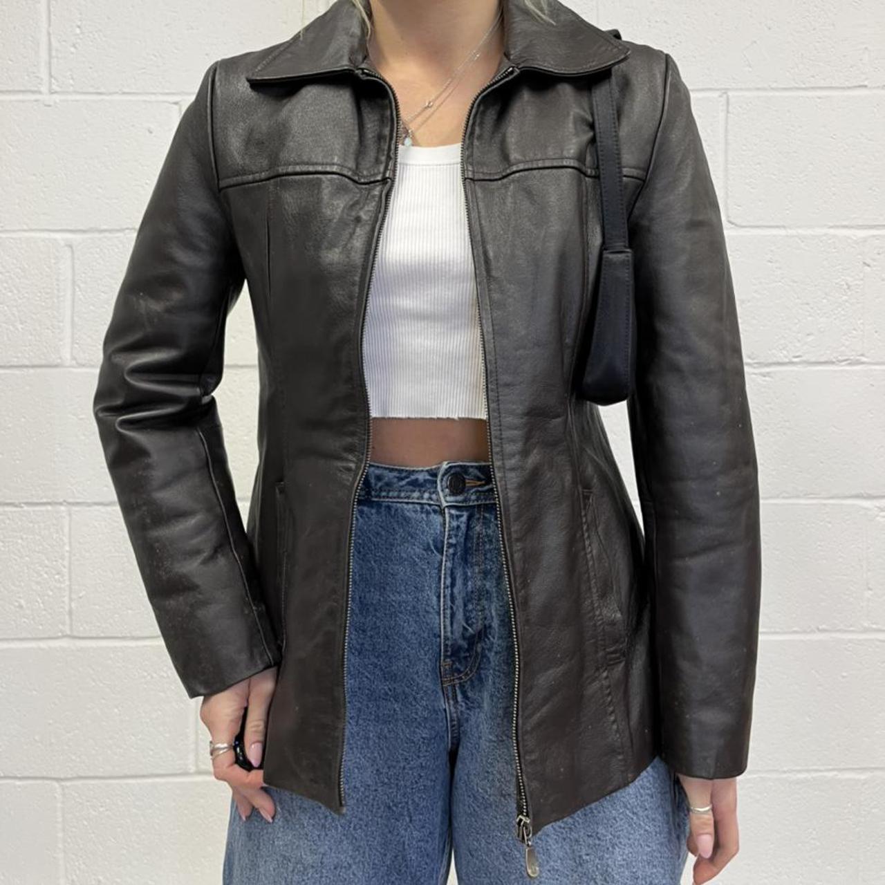 Vintage dark brown genuine leather zip up jacket,... - Depop